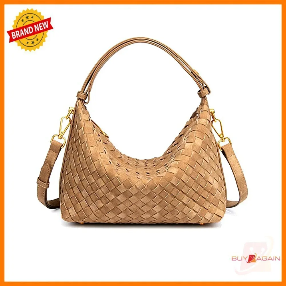 Woven Faux Suede Hobo Bag Adjustable Strap Crossbody Shoulder Purse